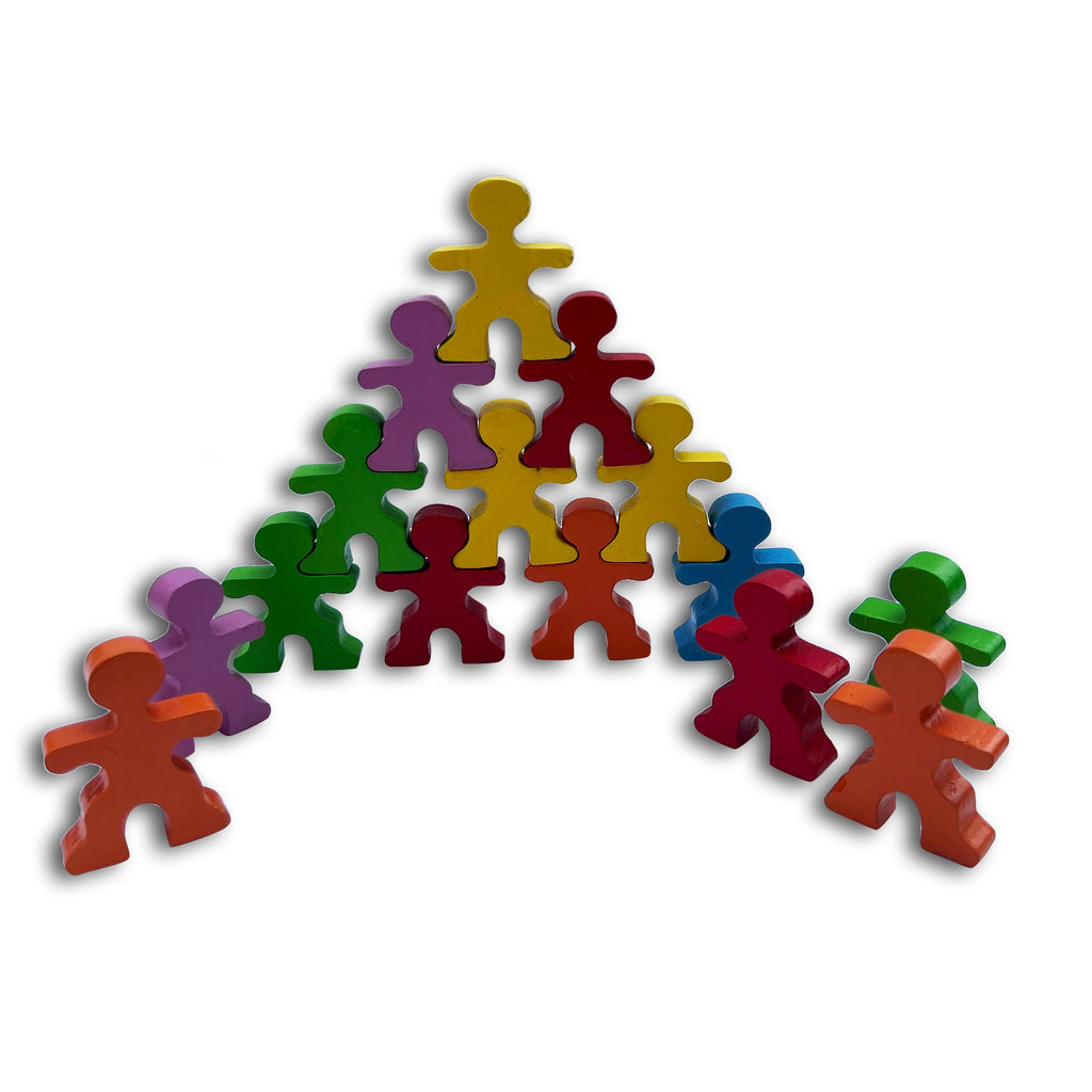 Huddlers balancing people in a wide pyramid, side angle