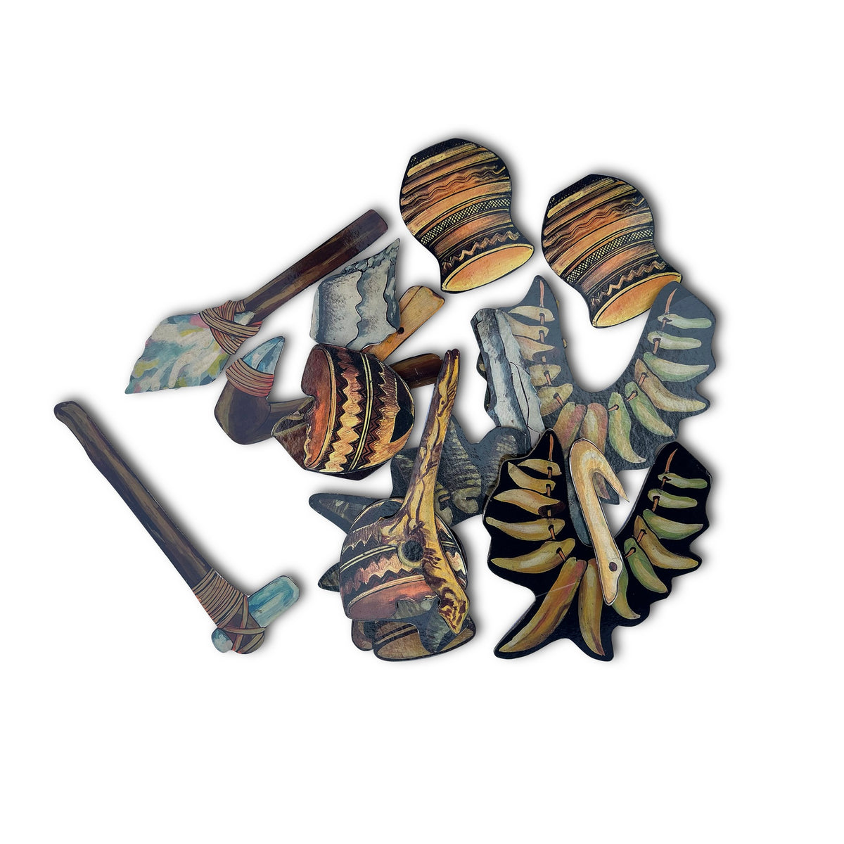 Ancient tools cut-outs: stone axe, blades and clay pots