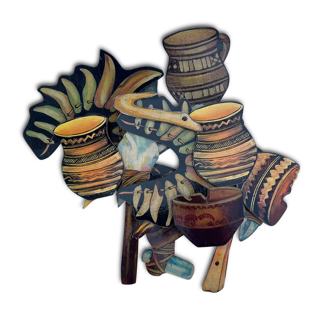 Ancient tools cut-outs: clay pots, leaf-shaped blades and hand tools