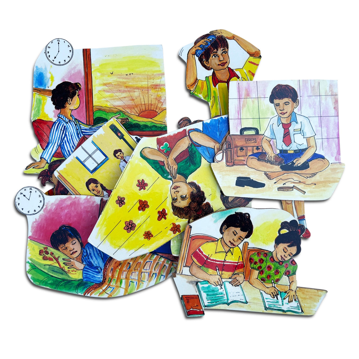 Good Habits picture cut-outs: waking early, brushing, getting ready for school, studying and helping