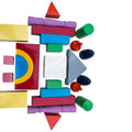 Colourful wooden building blocks laid out: arches, cylinders, cubes and triangles