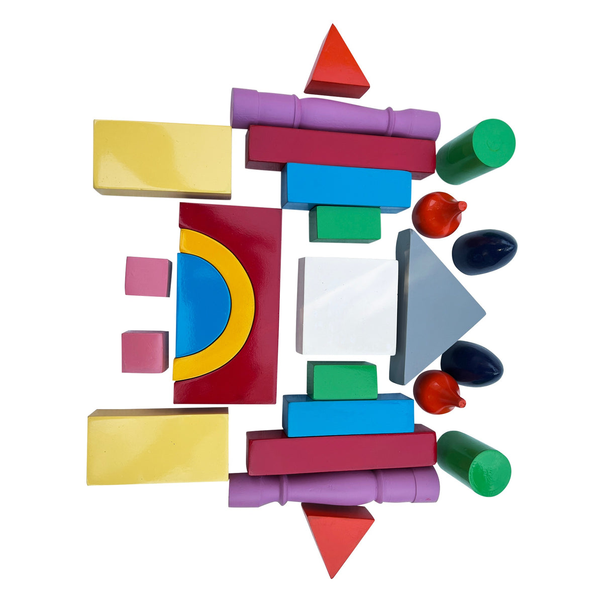 Building blocks set of 25 arranged in a symmetrical pattern