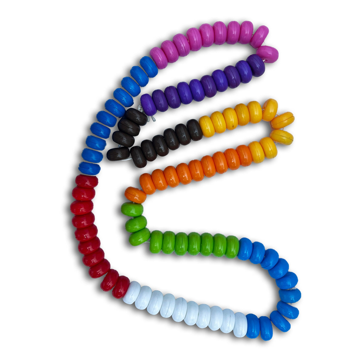 100 large flat cylinder beads in colour bands, strung in a U shape