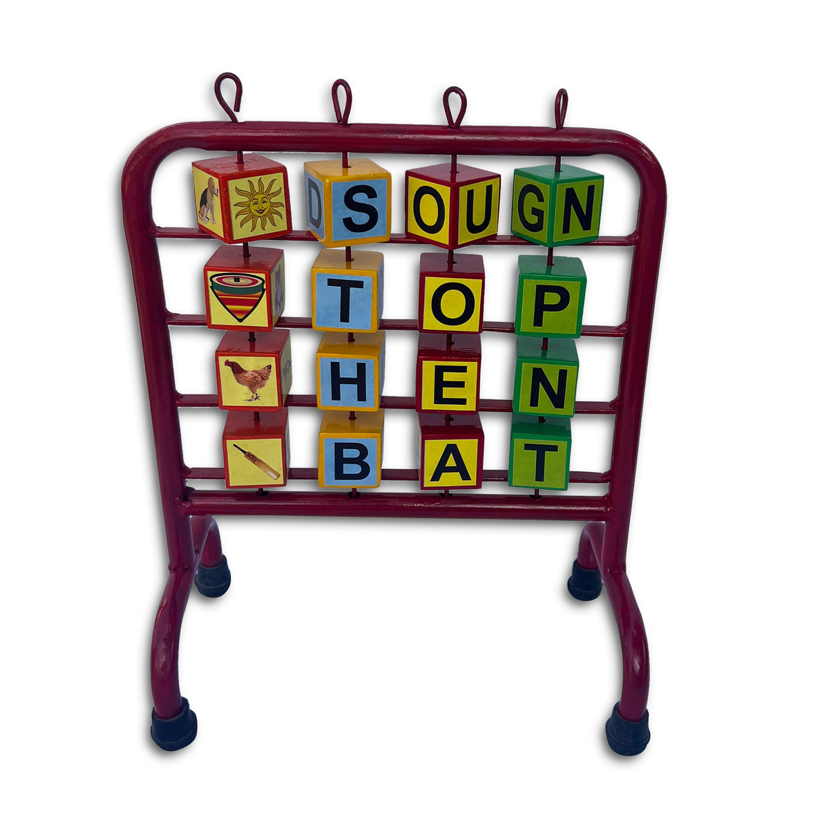 Alphabet stand cubes turned to show pictures and letters