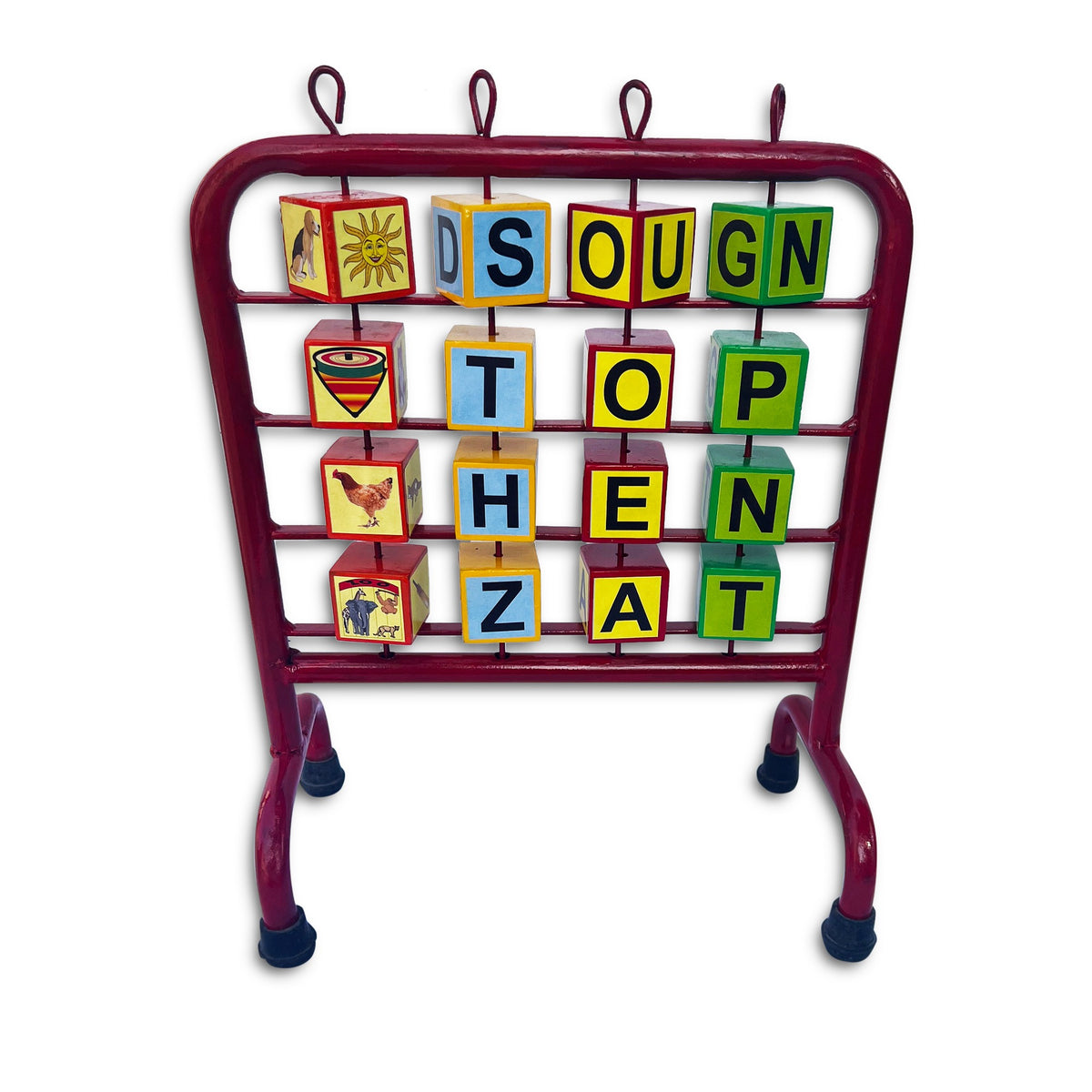 Alphabet stand spelling TOP, HEN and ZAT with picture cubes