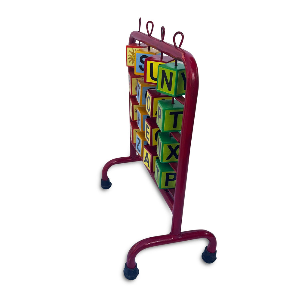 Alphabet stand side view showing the frame on castor wheels