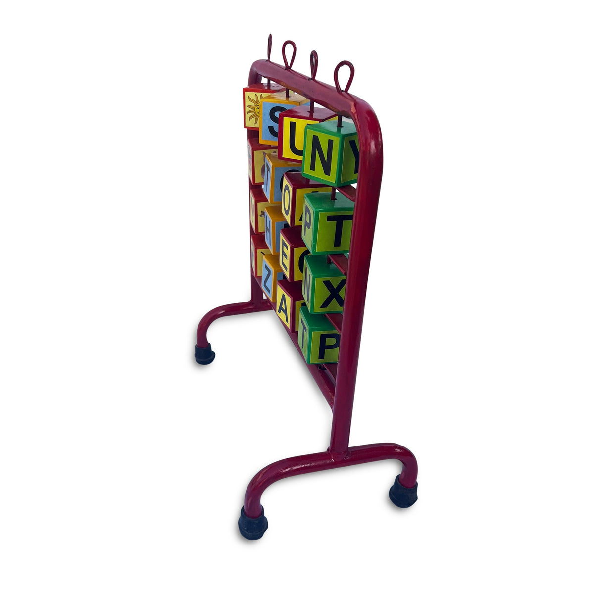 Alphabet stand side view showing the frame on castor wheels