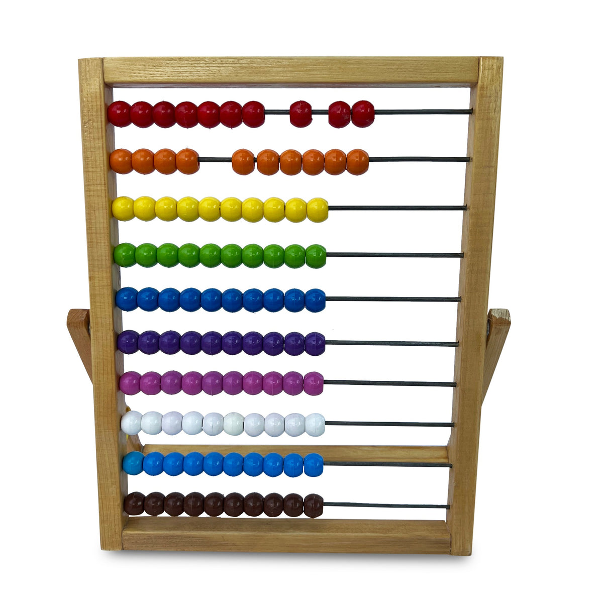 Wooden counting frame with 100 coloured beads on 10 rods