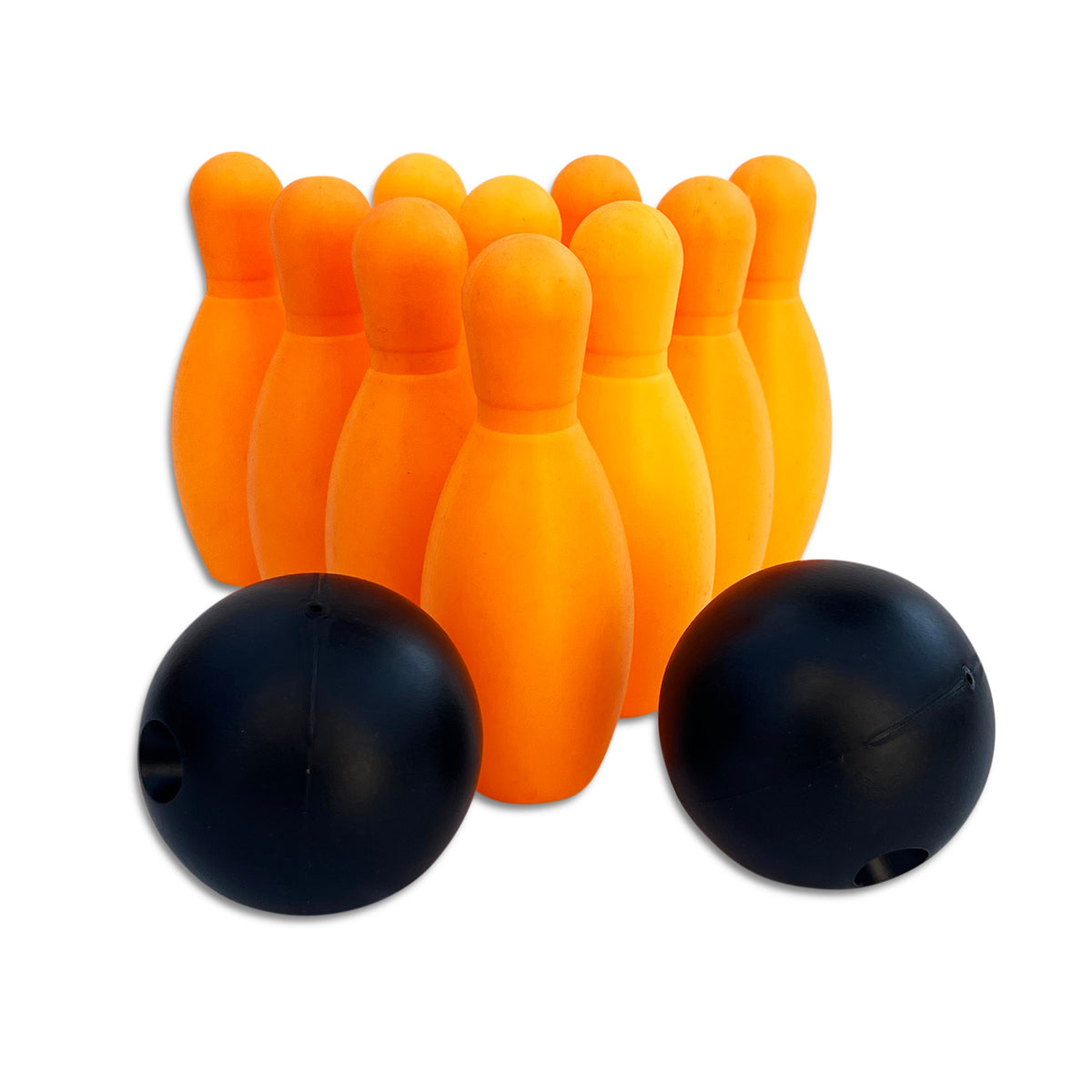 Orange bowling pins with two black balls, close view