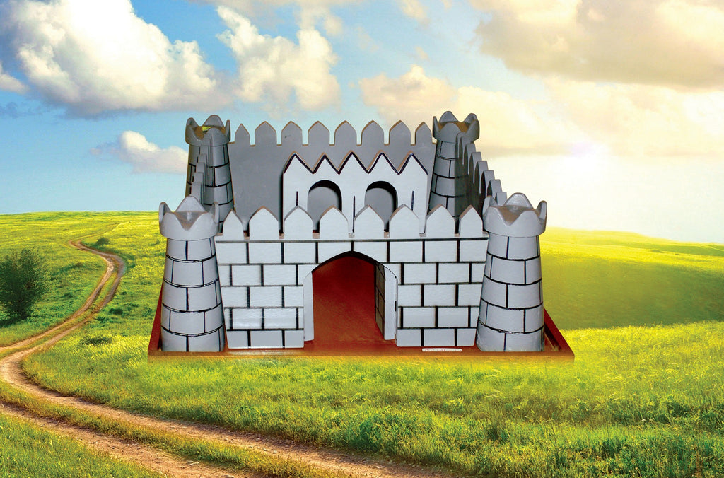 Grey wooden folding fort set up in a green field