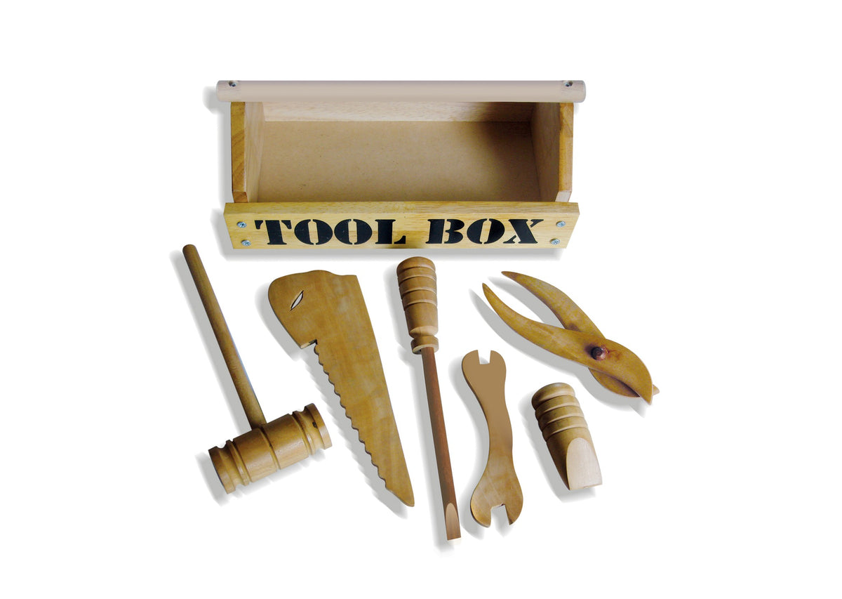 Wooden TOOL BOX with wooden hammer, saw, screwdriver, spanner and pliers