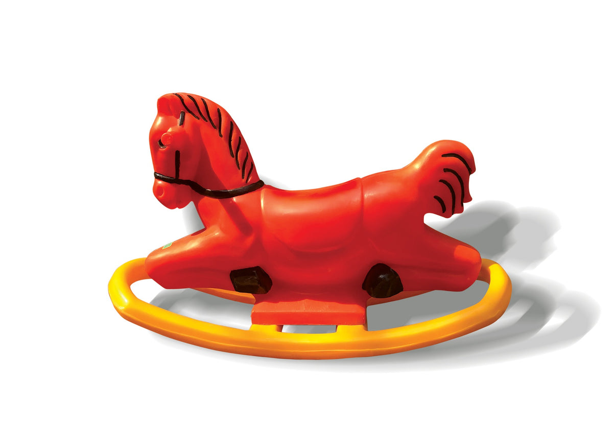 Red plastic rocking horse on an orange rocker