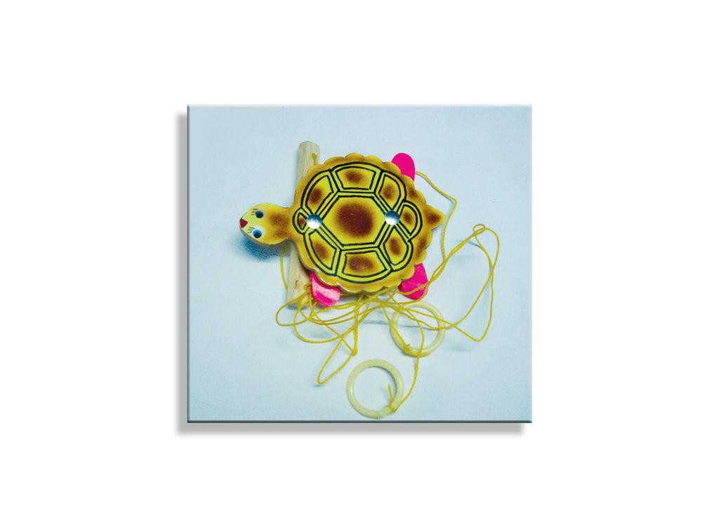 Climbing tortoise toy with yellow strings and pull rings