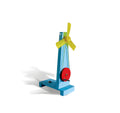 Blue wooden wind mill model with yellow blades and a red belt wheel