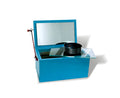 Blue box-type solar cooker with mirror lid, glass cover and black pot
