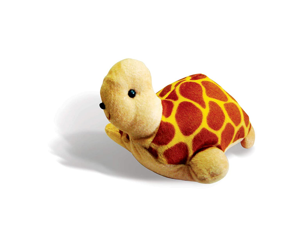 Tortoise puppet with yellow head and brown patterned shell