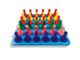 Wooden Educational toy consisting of a blue flat board with 36 holes and 36 multi coloured pegs