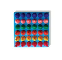 Top view of a Wooden Educational toy consisting of a blue flat board with 36 holes and 36 multi coloured pegs