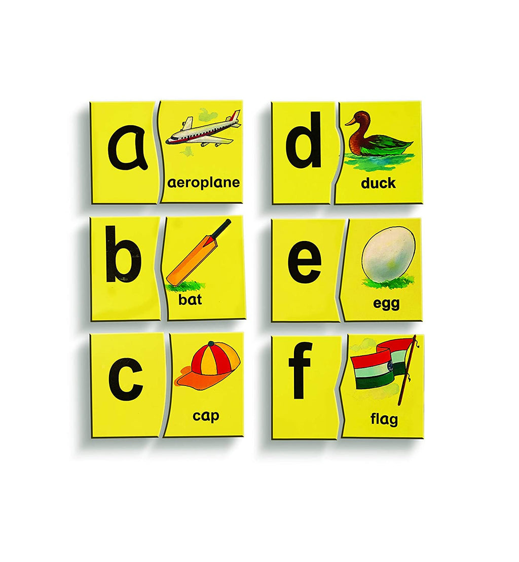 Lower-case alphabet picture matching puzzle: a–f letter pieces joined to aeroplane, bat, cap, duck, egg and flag