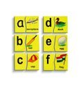 Lower-case alphabet picture matching puzzle: a–f letter pieces joined to aeroplane, bat, cap, duck, egg and flag