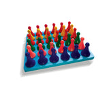 High angle view of a Wooden Educational toy consisting of a blue flat board with 36 holes and 36 multi coloured pegs