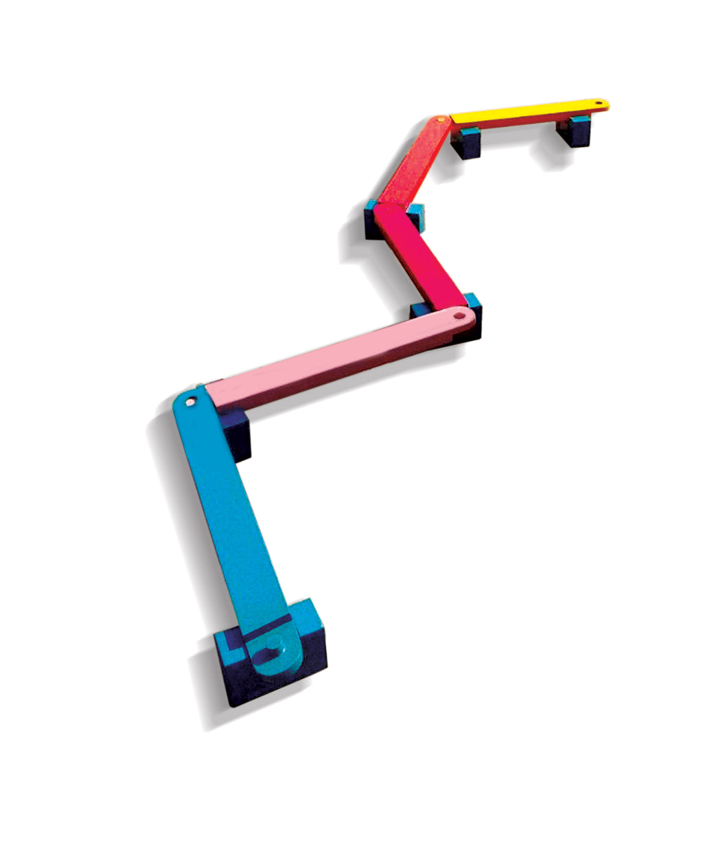Wooden balance way beams in blue, pink, red and yellow joined in a zigzag