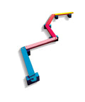 Wooden balance way beams in blue, pink, red and yellow joined in a zigzag