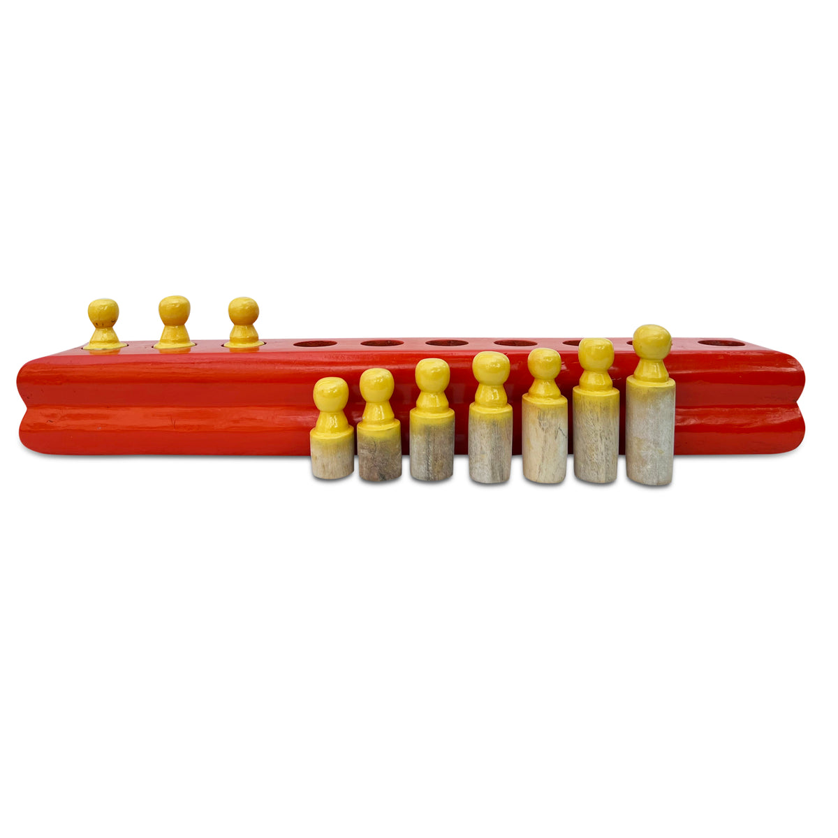 Red cylinder block No. 3 with cylinders standing in front, shortest to tallest