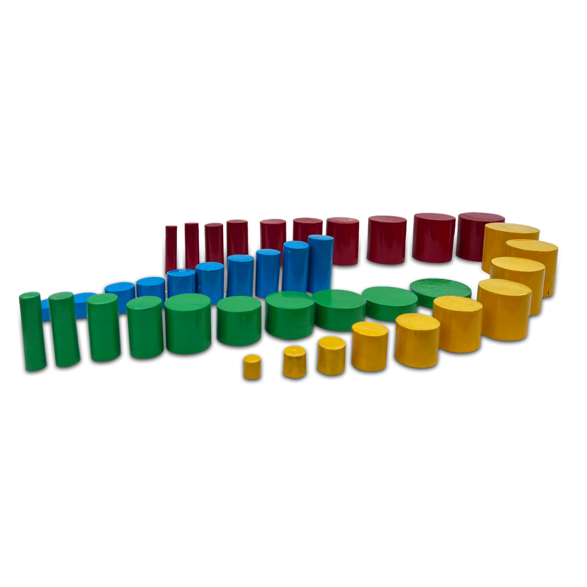 Knobless cylinders standing in four colour rows