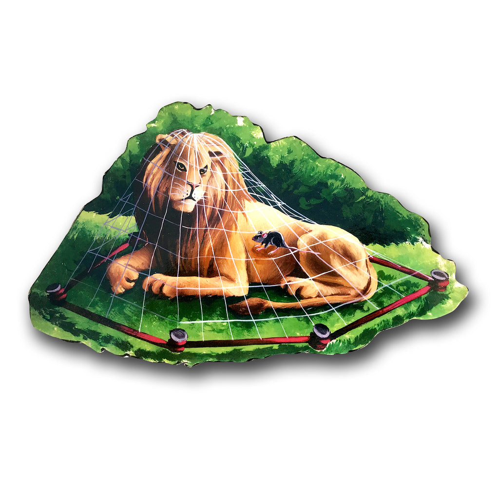Lion and the Mouse story cut-out: the lion caught in a hunter's net