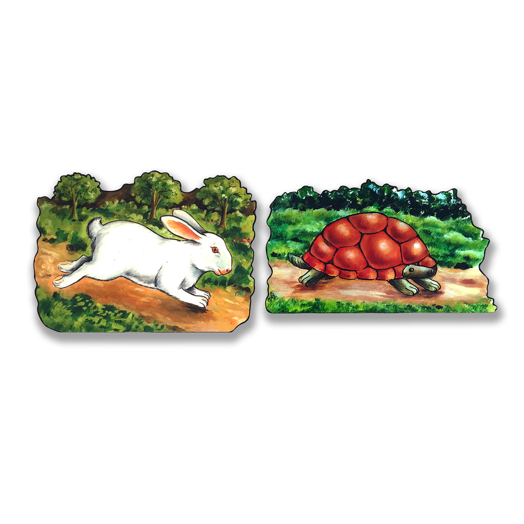 Hare and the Tortoise story cut-out: the hare running and the tortoise walking