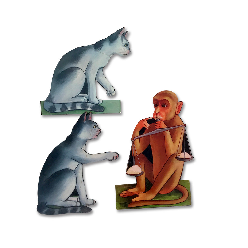 Monkey, Cats and Cheese story cut-out: two cats and the monkey with a weighing scale