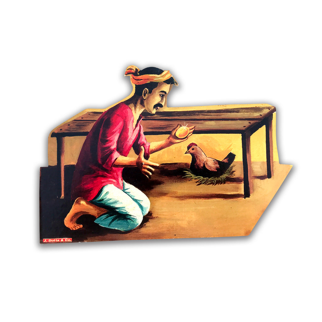 Hen and the Golden Eggs story cut-out: the farmer holding a golden egg beside the hen