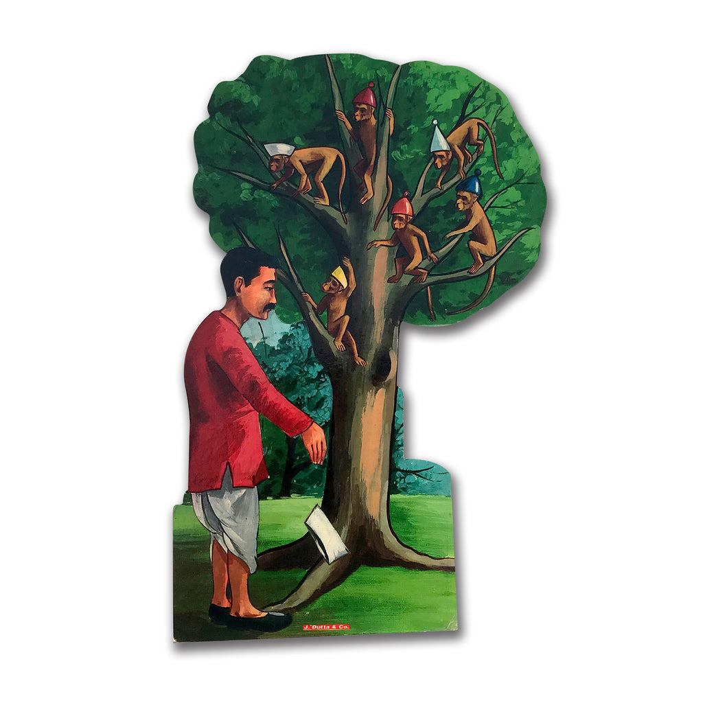 Hawker and the Monkey story cut-out: the cap seller under a tree full of monkeys