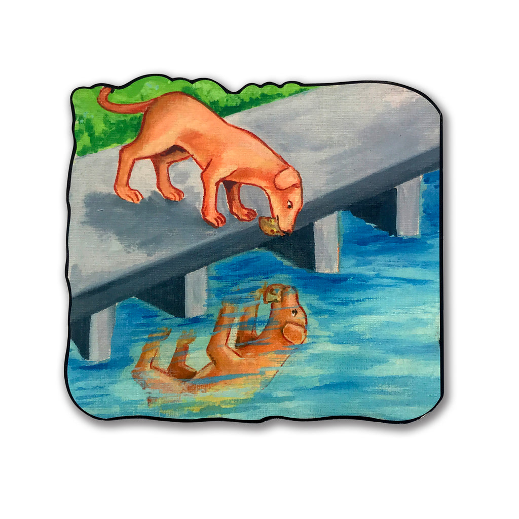 Greedy Dog story cut-out: the dog on the bridge looking at its reflection