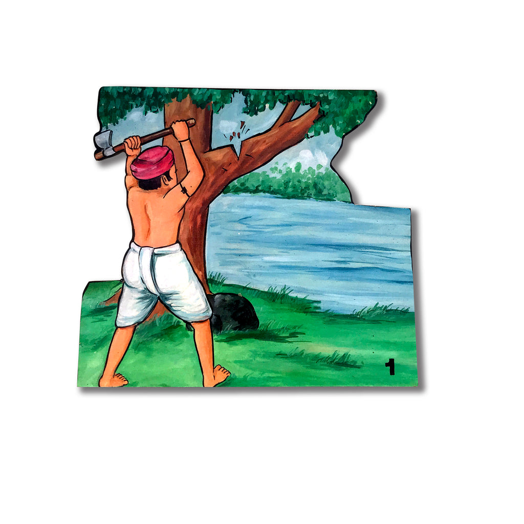 The Woodcutter and the Axe story cut-out: the woodcutter chopping a tree by the river