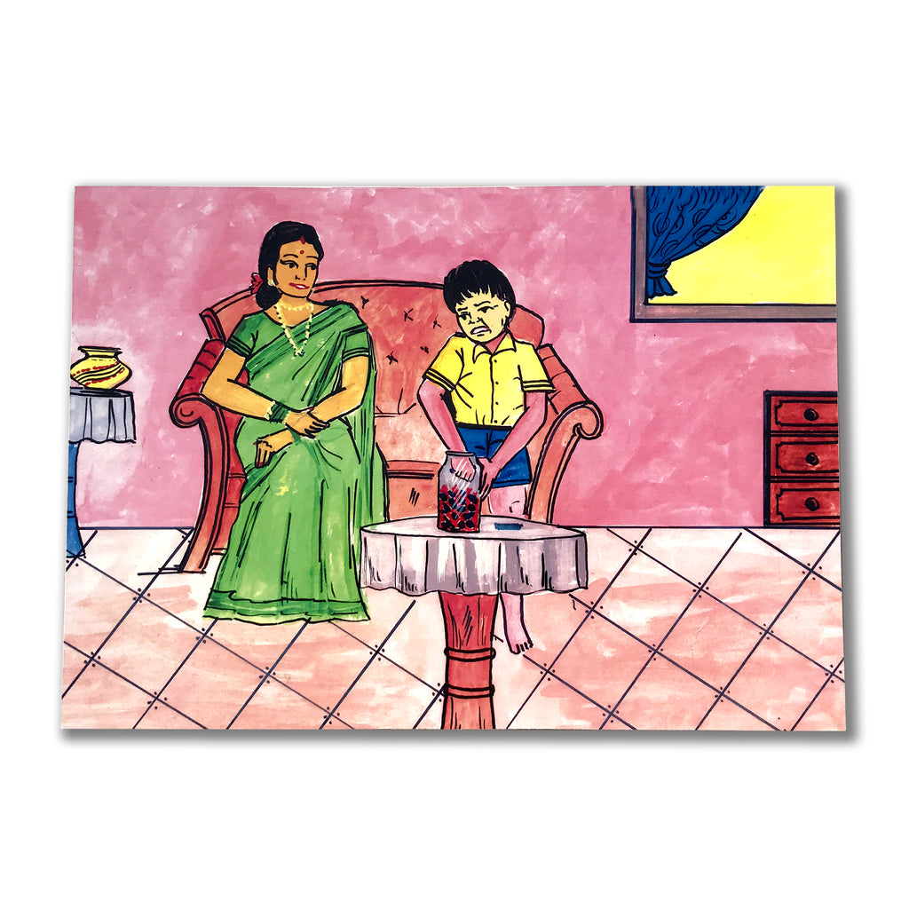 Bunty and the Toffees story cut-out: Bunty with his hand stuck in the toffee jar as his mother watches