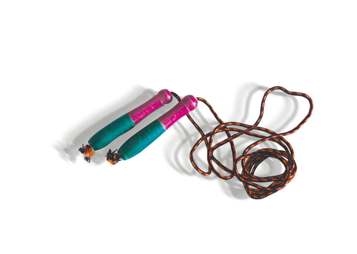 Skipping rope with pink and green handles