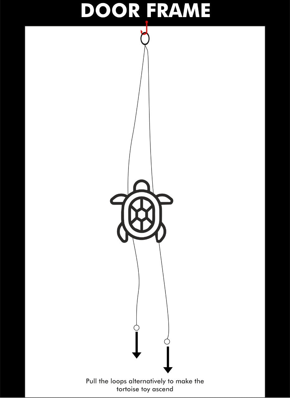 Diagram: hang the climbing tortoise on a door frame and pull the loops in turn