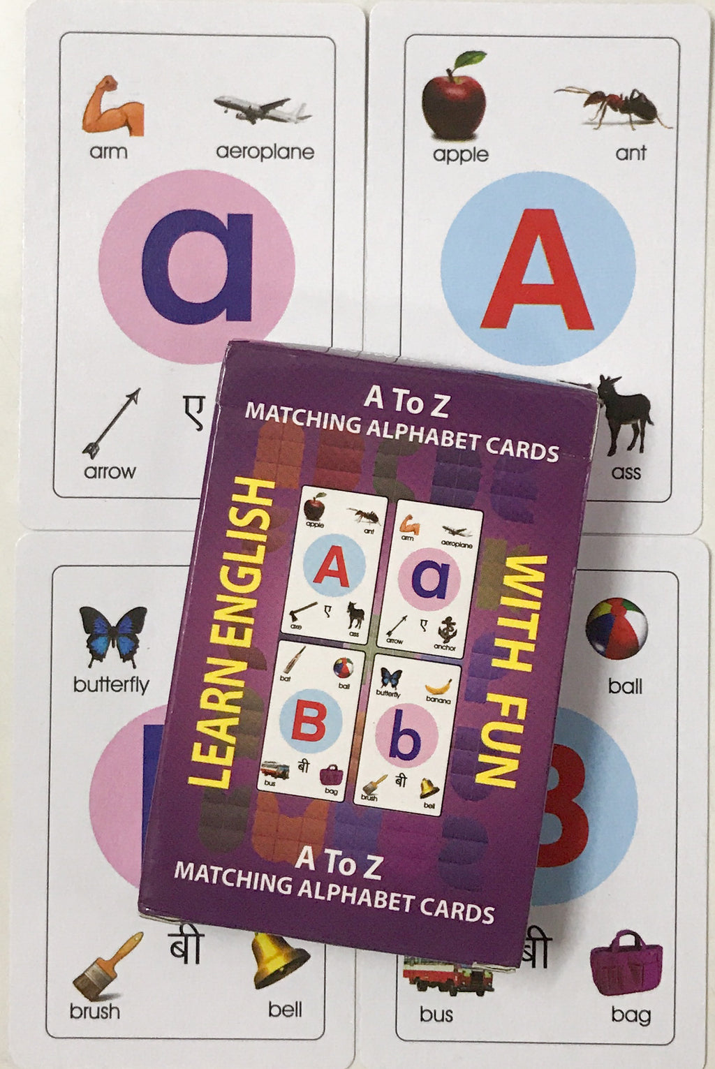 Learn English A to Z matching alphabet card box on top of letter cards a and A